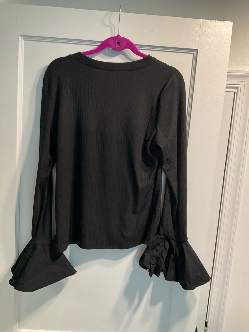 Black Ribbed Long-Sleeve Top with Ruffle Bell Cuffs